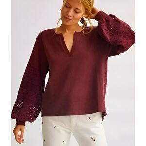 Anthropologie Cotton Crochet Balloon Sleeve Cropped Oversized Sweater Size Large